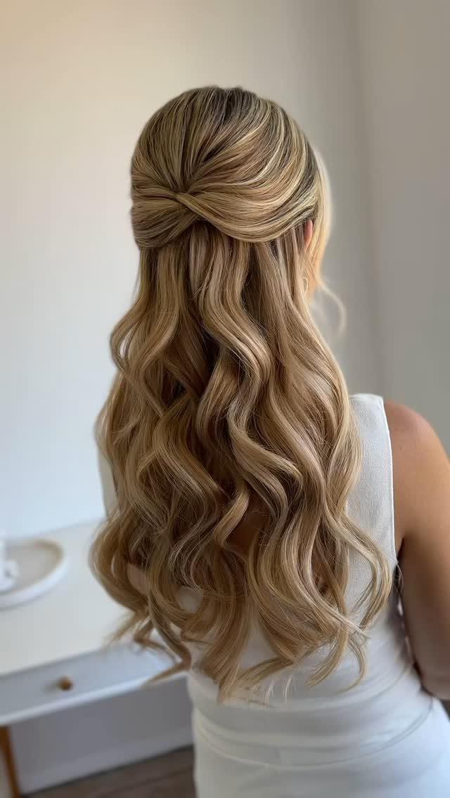 11 Half Up Half Down Wedding Hair Styles You'll Love 10 Blonde wavy hair styled in a half-up half-down wedding look from behind