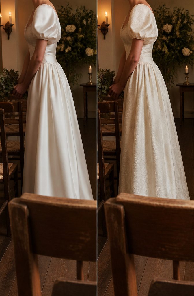 Bride in a simple wedding gown with a single vintage detail