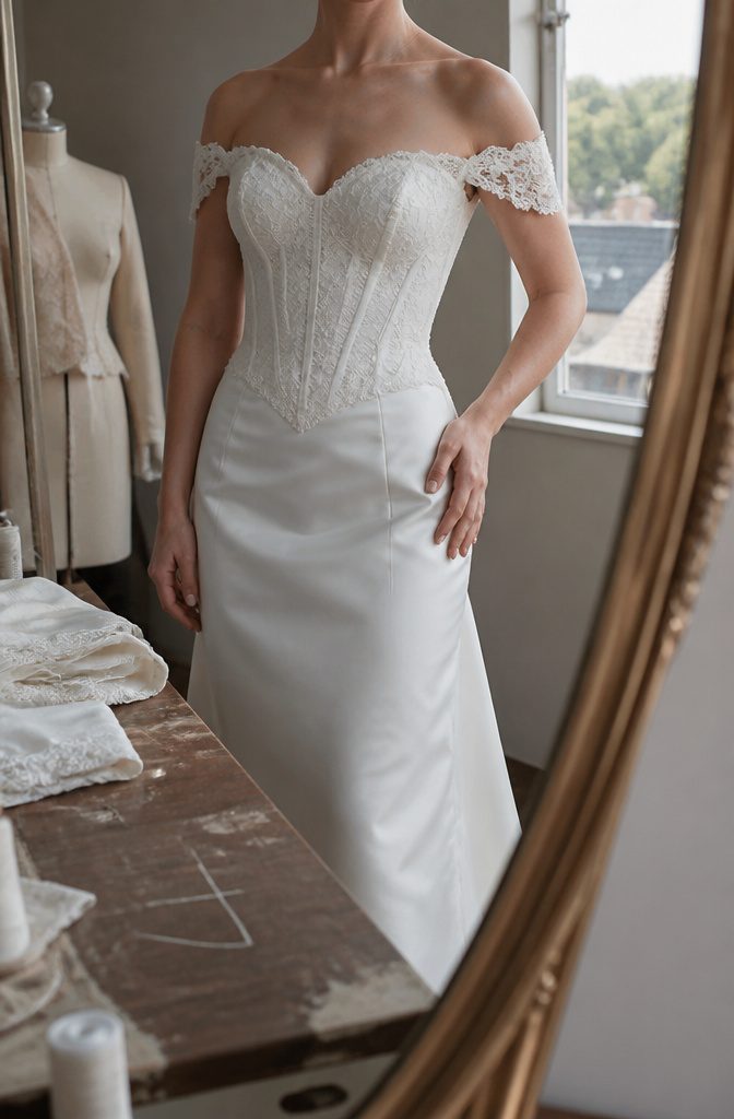 Bride at a fitting in a lace bodice with an off-the-shoulder neckline