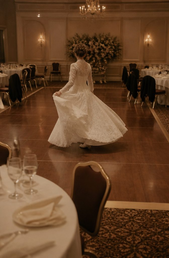 Bride wearing a wide lace skirt with ample volume
