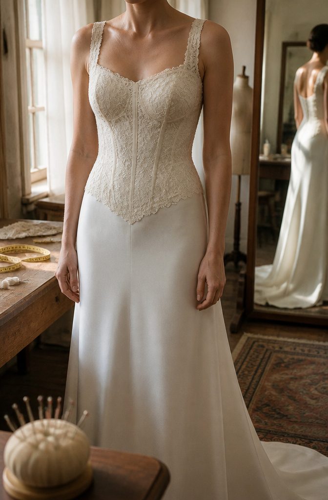 Bride at a fitting in a gown with a cream lace corset bodice