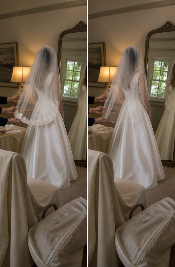 Satin wedding gown paired with a veil edged in lace