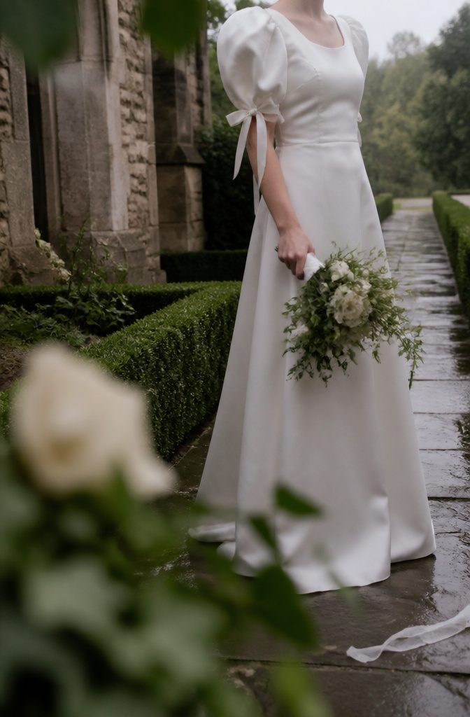 Bride outdoors in a gown with rounded puffed sleeves and a small bow