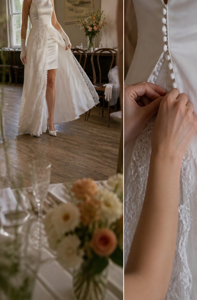 White lace mini dress with puffed sleeves peplum waist and sheer tulle veil