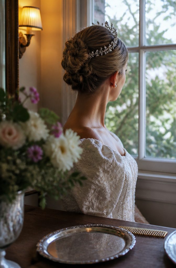 Bride seen from behind wearing a silver floral tiara above an updo