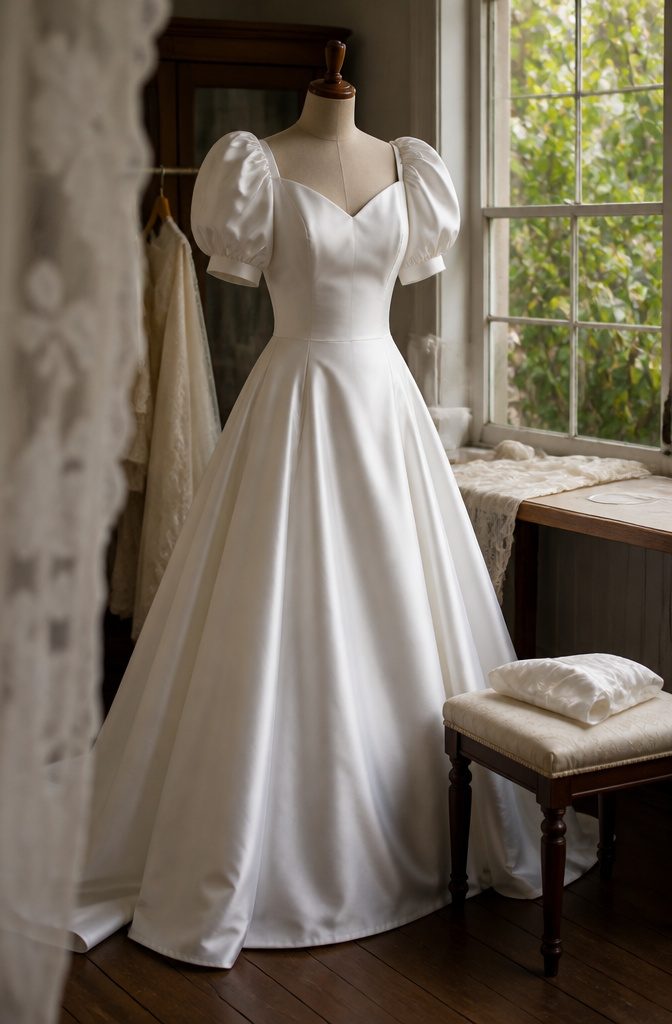 Smooth satin wedding gown with a softly gleaming finish