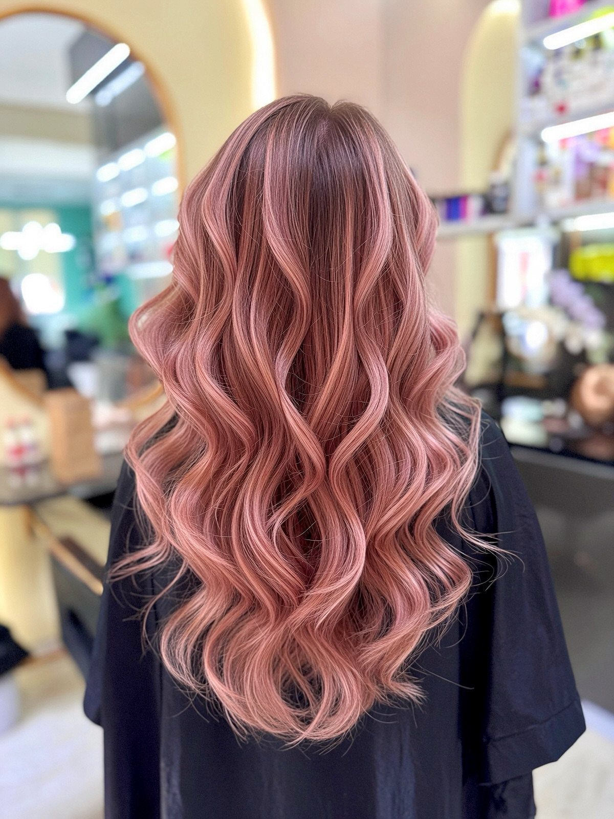Blonde Hair with Rose Gold Highlights: 5 Ways to Wear It 3 Long wavy hair with dark roots and rose gold pinkish highlights in a salon setting.