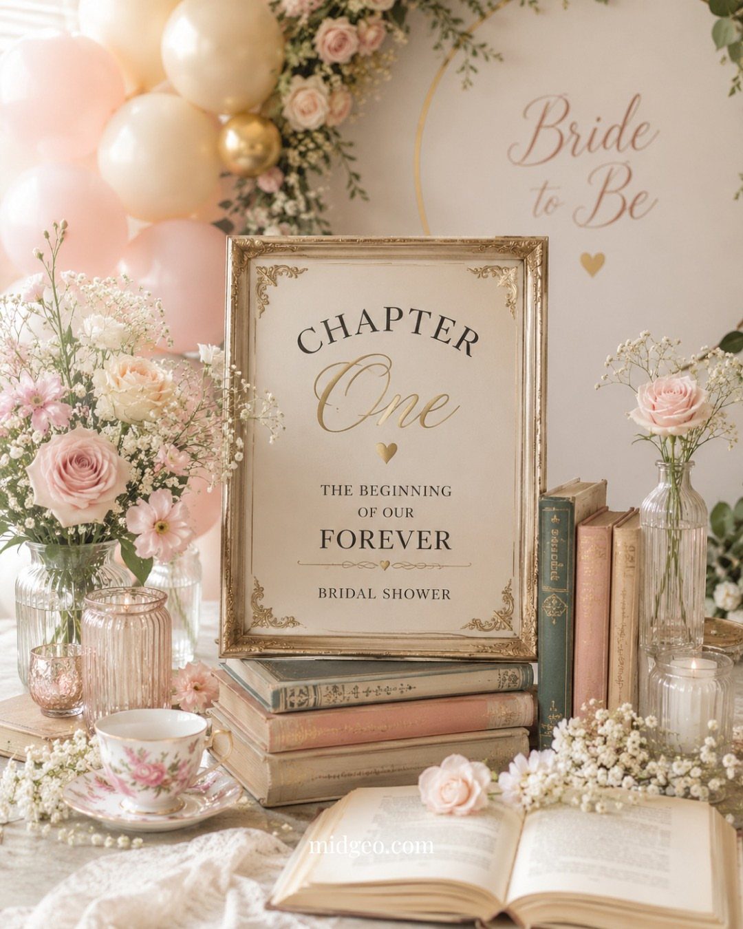 Vintage books, a floral teacup, and a framed bridal shower sign with pink roses.