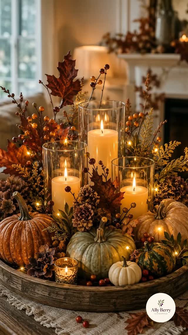 14 Candle Table Decor Ideas for Centerpieces That Feel Considered 5 Three lit pillar candles in glass cylinders surrounded by pumpkins and autumn foliage on a wooden tray.