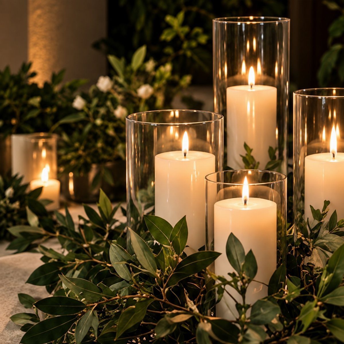14 Candle Table Decor Ideas for Centerpieces That Feel Considered 9 White pillar candles inside tall glass cylinders surrounded by lush green leafy branches.