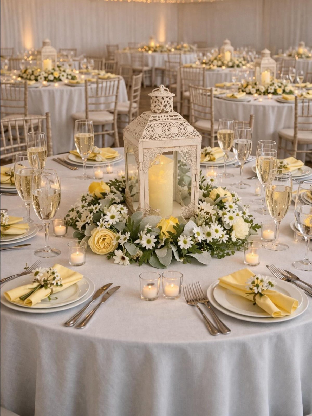 14 Candle Table Decor Ideas for Centerpieces That Feel Considered 7 A white lantern with a lit candle surrounded by a ring of yellow and white flowers.