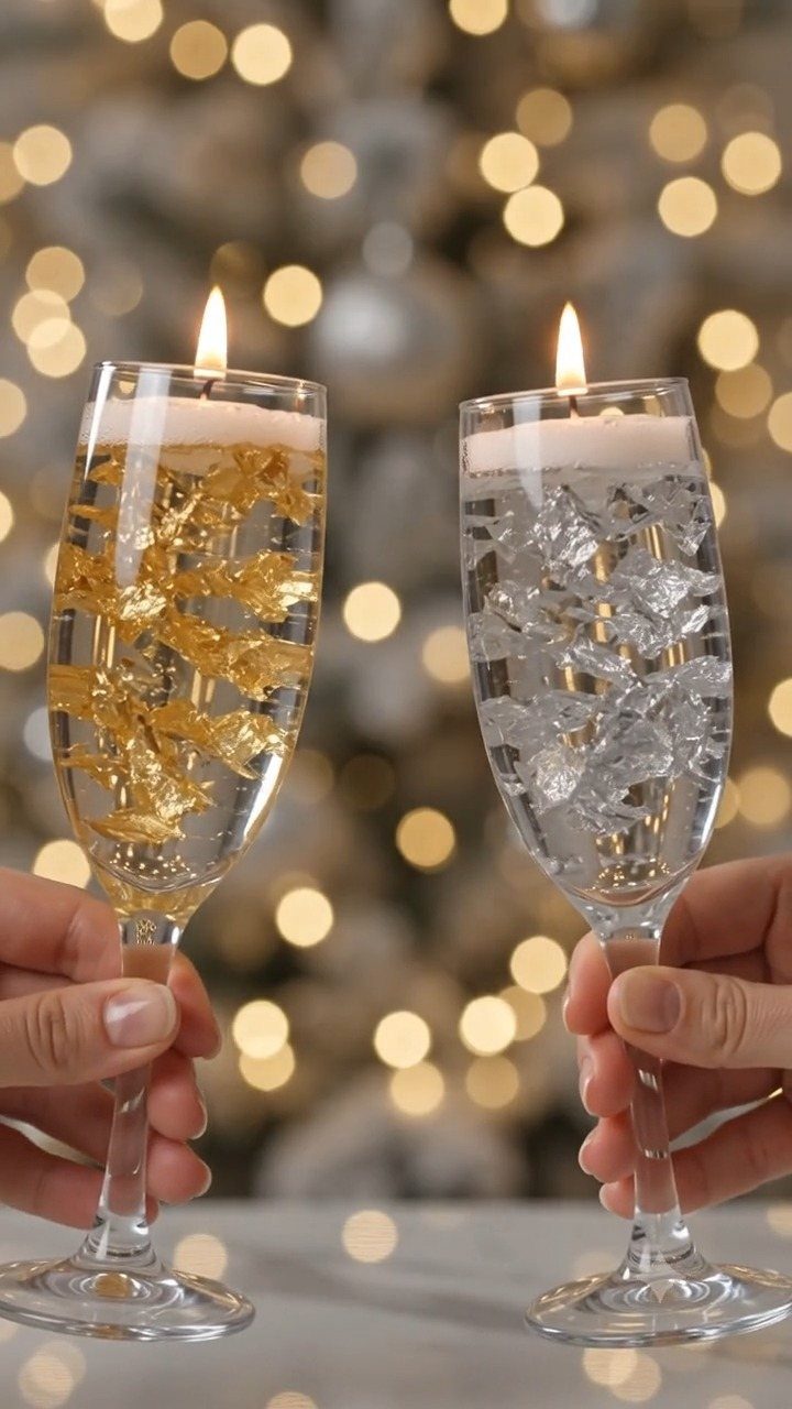 14 Candle Table Decor Ideas for Centerpieces That Feel Considered 4 Hands holding two champagne flutes with floating candles and decorative crystals against bokeh lights.