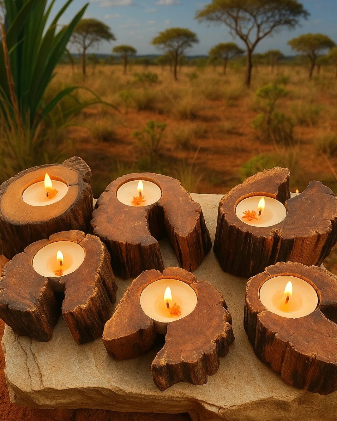 14 Candle Table Decor Ideas for Centerpieces That Feel Considered 10 Six rustic wooden log candle holders with lit tea lights on a stone surface.