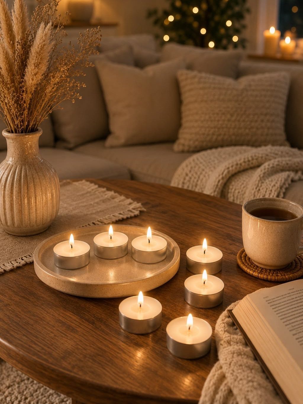 14 Candle Table Decor Ideas for Centerpieces That Feel Considered 6 Lit silver tea light candles scattered on a wooden coffee table near a mug and book.