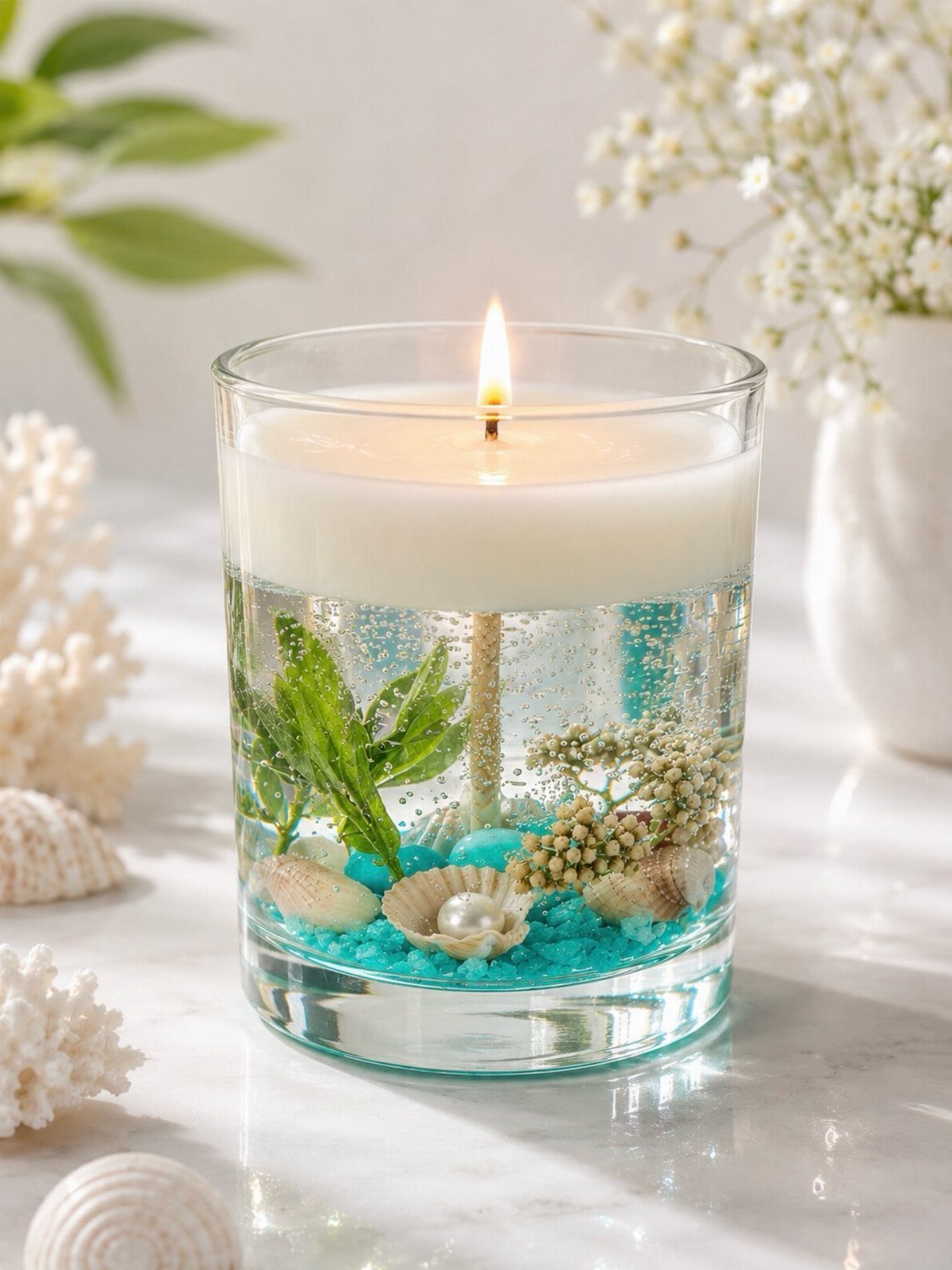 9 Candle Wedding Favors: From Beach Gel to Flower-Topped Votives 6 A lit white candle in a glass jar filled with turquoise sand, seashells, and green leaves.