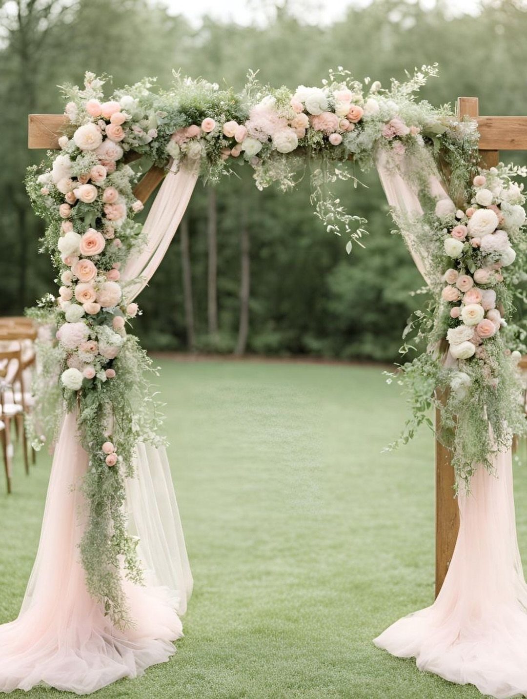 21 Color Combinations for Wedding Palettes in 2026 17 Wooden wedding arch decorated with pink and white flowers and draped with soft pink tulle fabric.