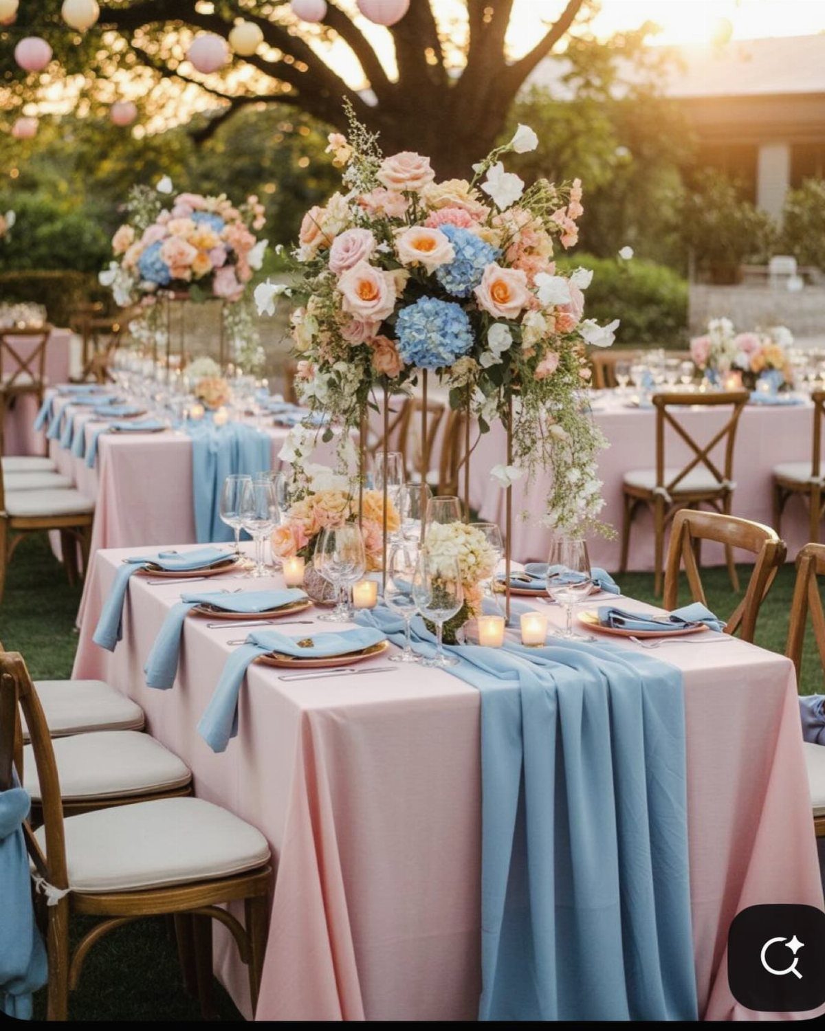 21 Color Combinations for Wedding Palettes in 2026 5 Wedding table setting with pink tablecloth, blue runners, and pink and blue floral centerpieces.