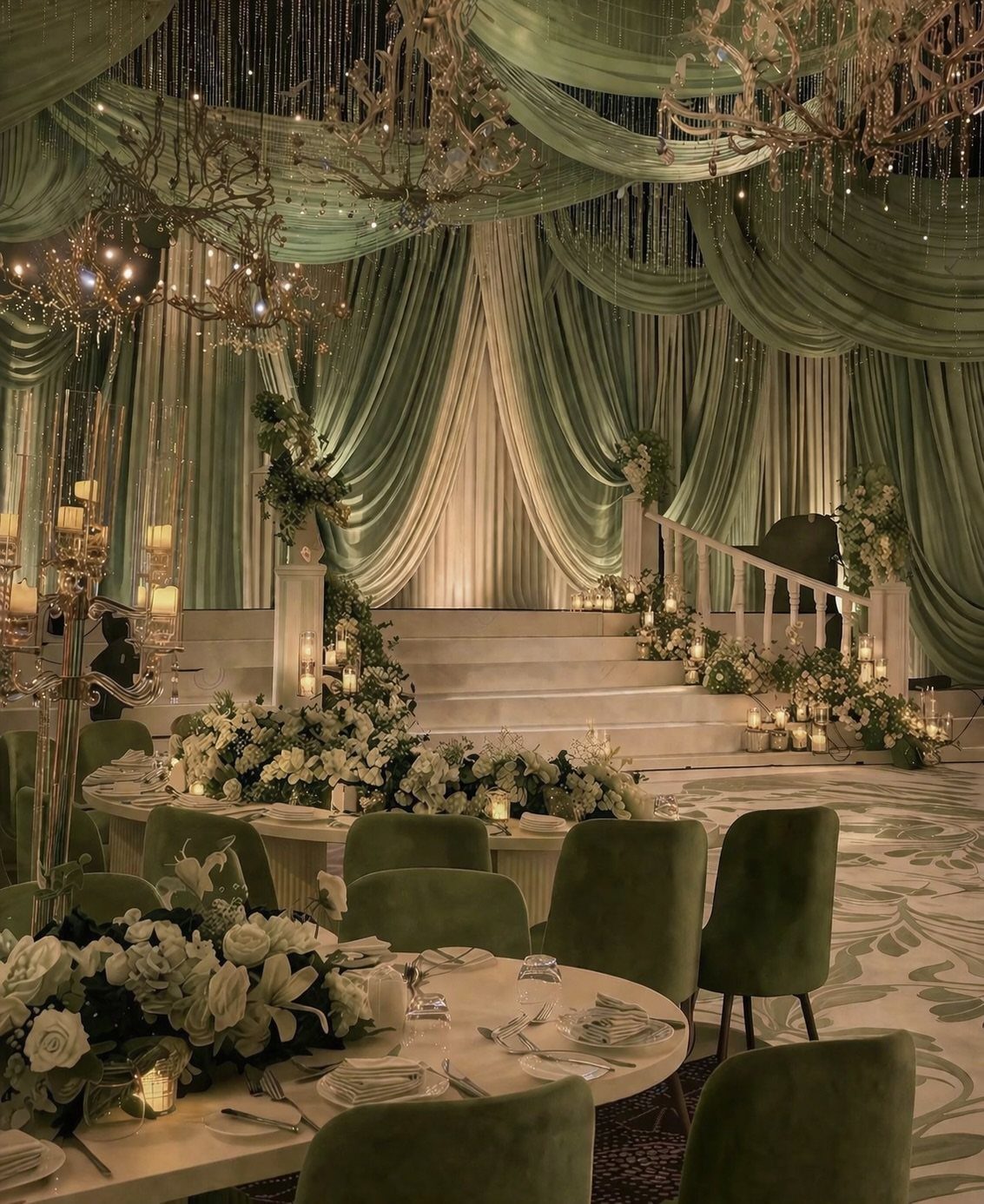 21 Color Combinations for Wedding Palettes in 2026 15 Elegant wedding reception with green velvet chairs, white floral centerpieces, and draped fabric backdrops.