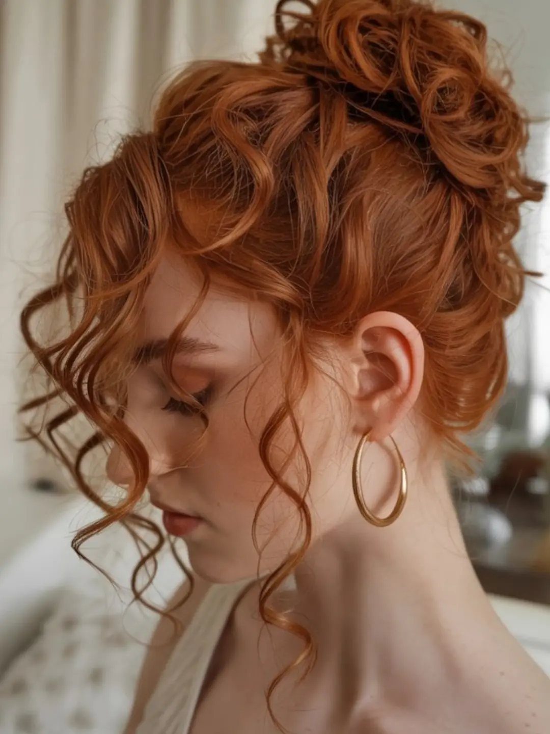 Woman with red curly hair in a cascading side updo and gold earrings.