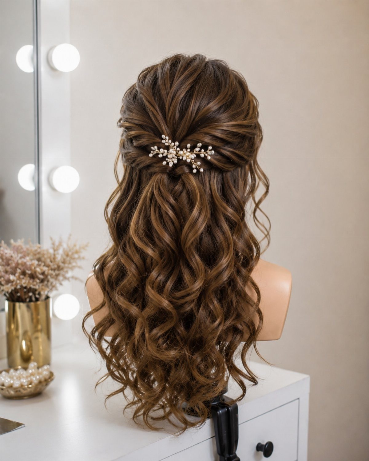 Brown curly hair half-updo with a pearl floral accessory on a mannequin head.