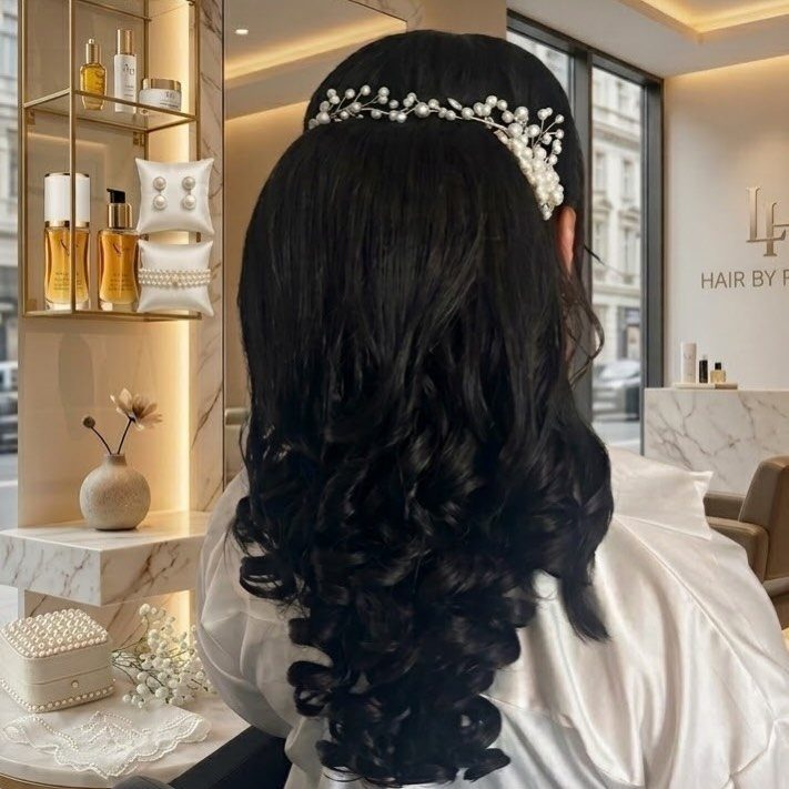 Woman with dark curly hair wearing a pearl wedding headband and white satin robe.