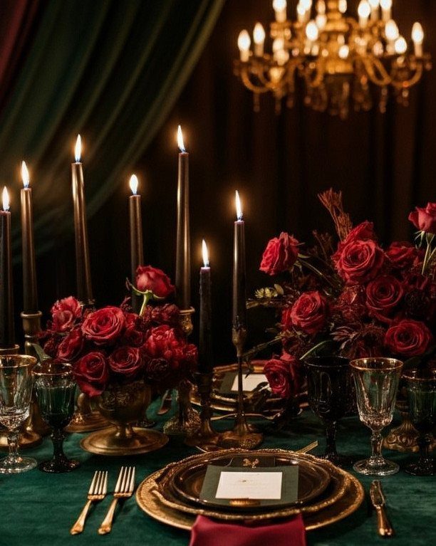 12 Dark Red Wedding Theme Ideas With Floral, Cake and Gown Picks 6 Dark red rose centerpieces and black taper candles on a gold-accented wedding table setting.