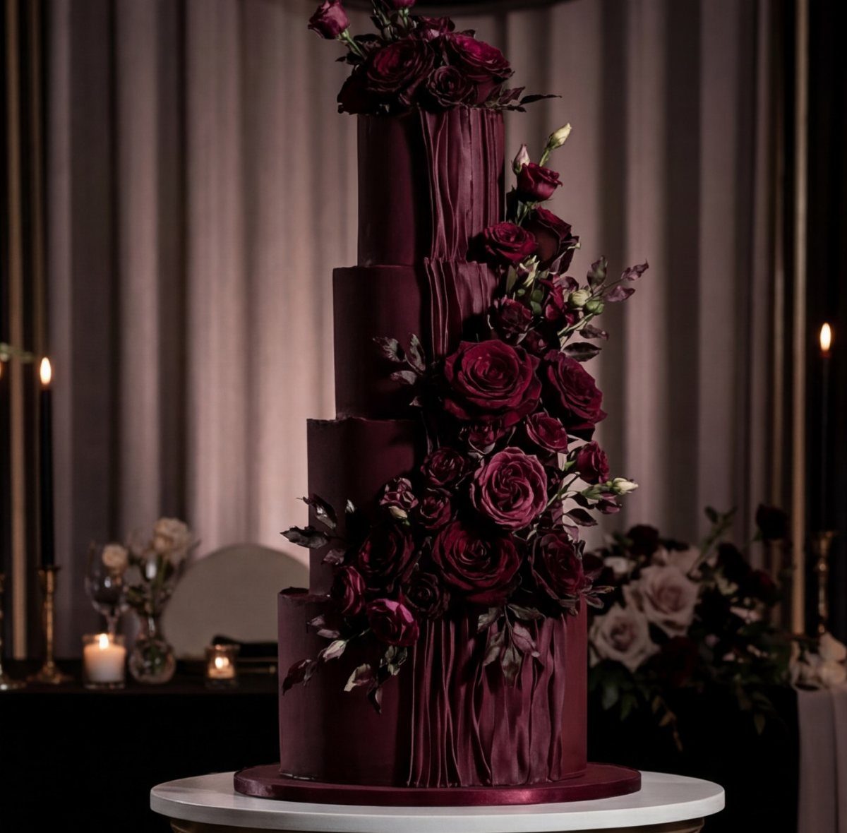 12 Dark Red Wedding Theme Ideas With Floral, Cake and Gown Picks 10 A tall, four-tier burgundy wedding cake adorned with many dark red roses on a white stand.