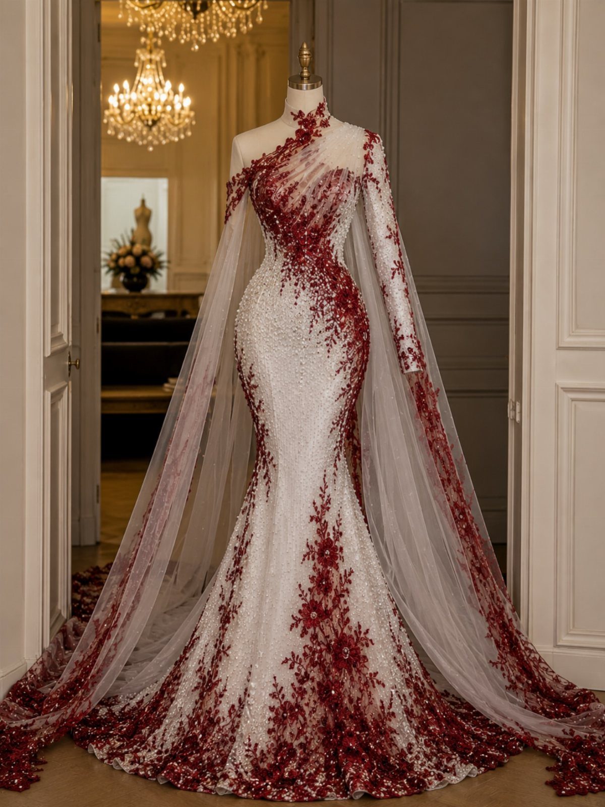 12 Dark Red Wedding Theme Ideas With Floral, Cake and Gown Picks 13 A white mermaid wedding dress decorated with intricate dark red lace and a long sheer cape.