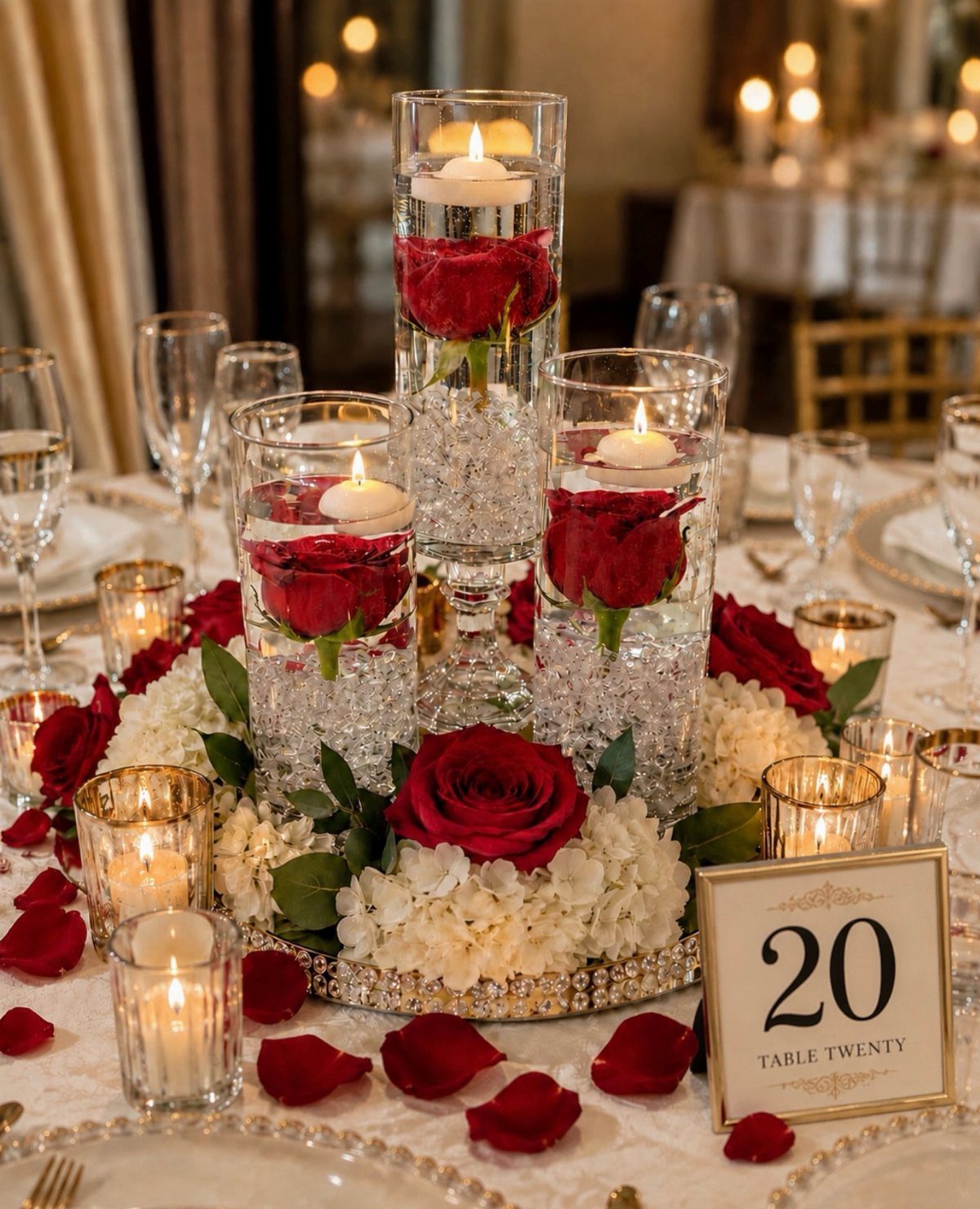 12 Dark Red Wedding Theme Ideas With Floral, Cake and Gown Picks 3 Red roses in glass cylinders with floating candles and white hydrangeas on a wedding table.