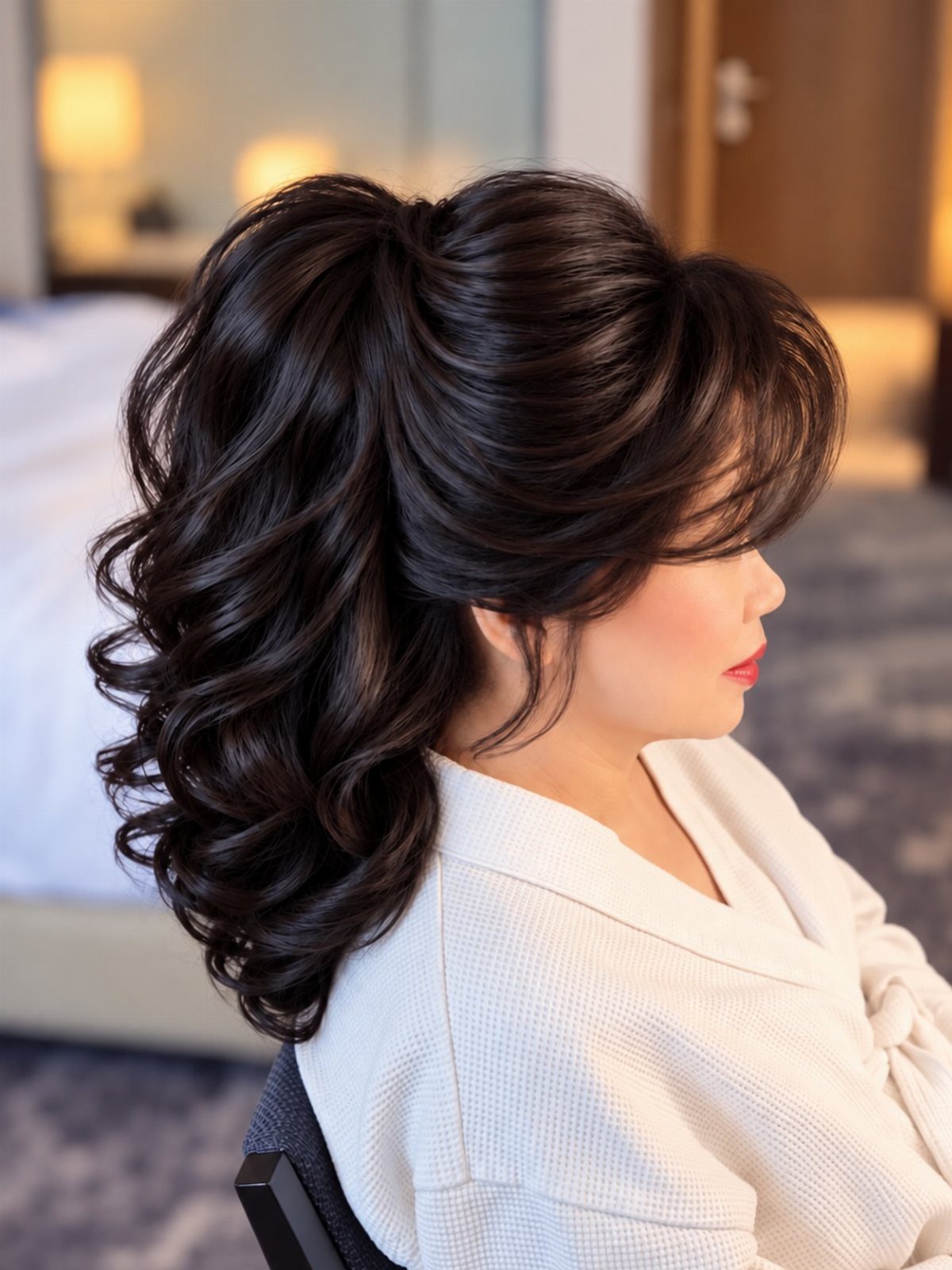 Woman with dark hair styled in a voluminous, curly high ponytail wearing a white robe.