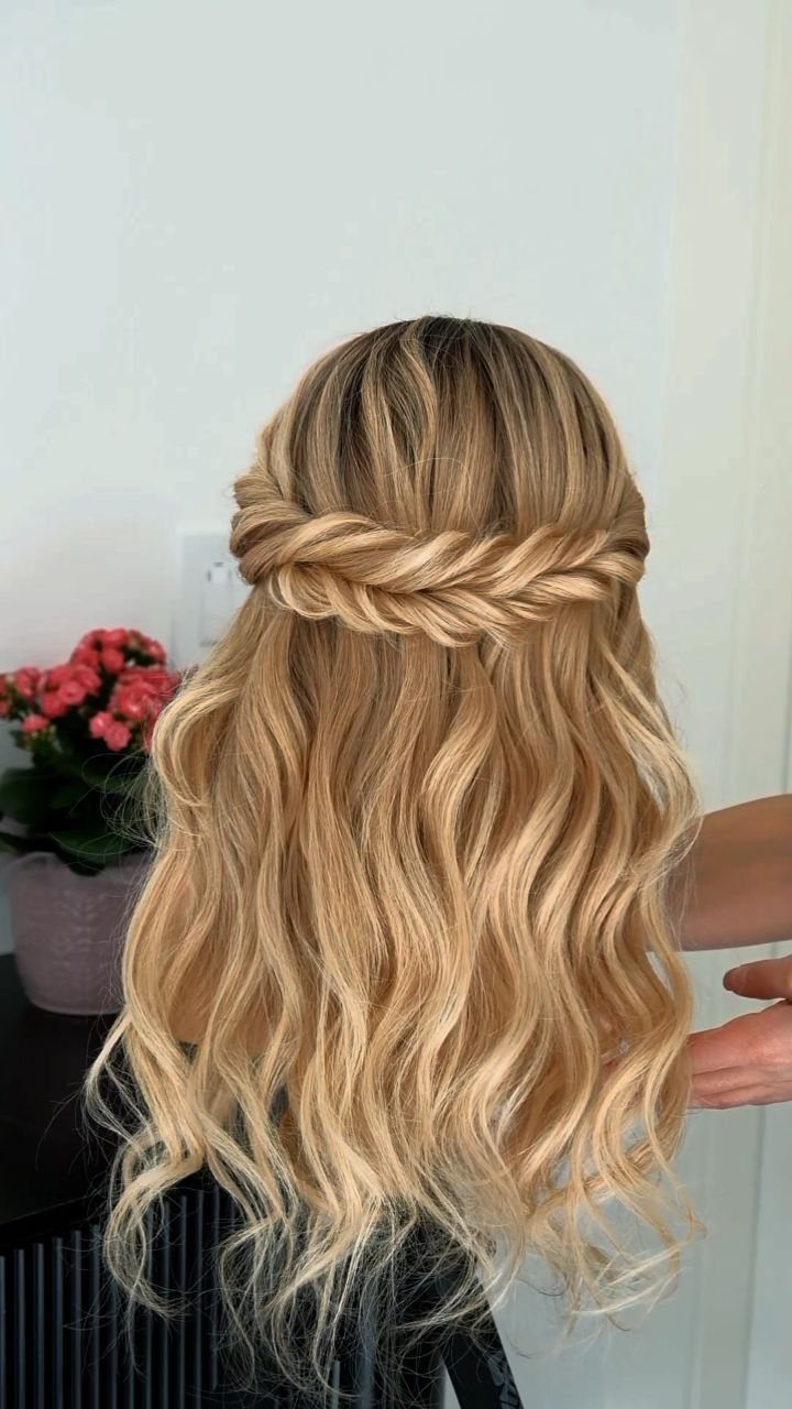 10 Easy Updos for Medium Hair for Wedding Guest Season 2026 3 Long blonde wavy hair styled in a half-up braided design with loose curls.