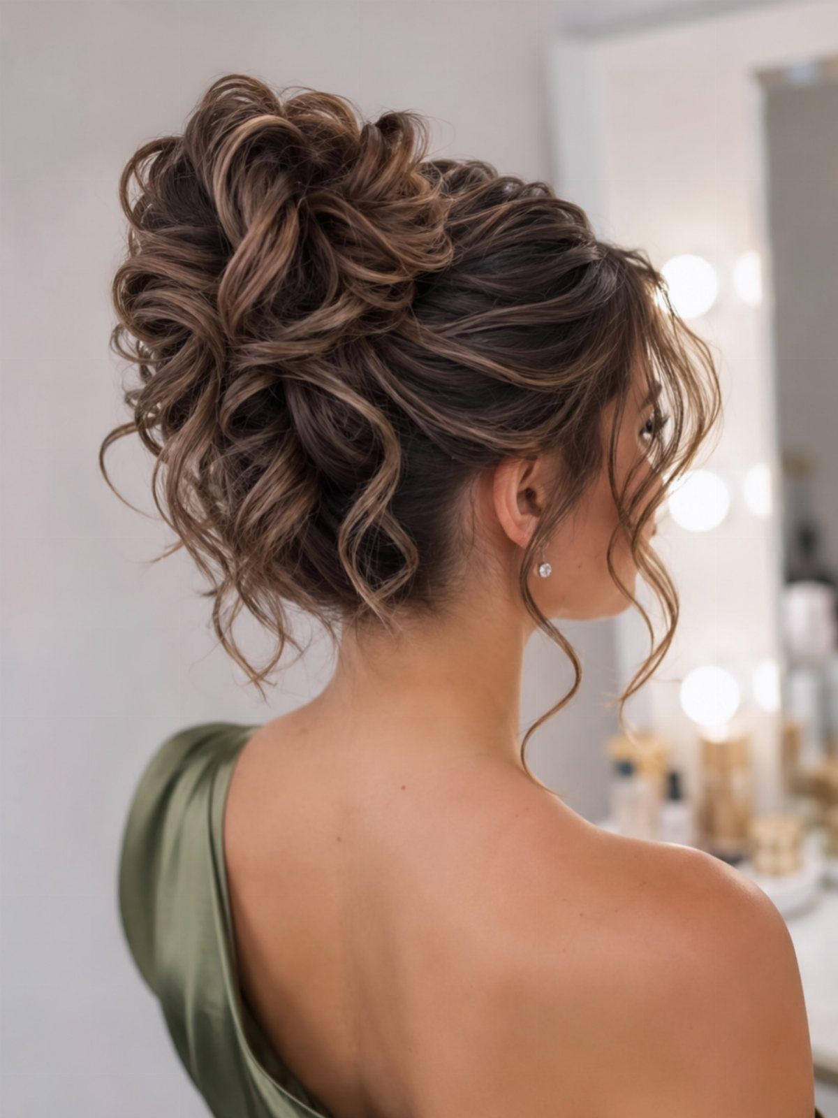 10 Easy Updos for Medium Hair for Wedding Guest Season 2026 7 Woman with a voluminous textured brown updo and soft curly tendrils framing her face.