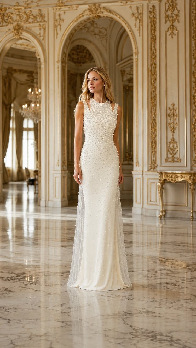 Elegant Princess Wedding Dress Styles in 27 Ideas 9 Woman in a beaded white wedding dress standing in an ornate gold palace hall