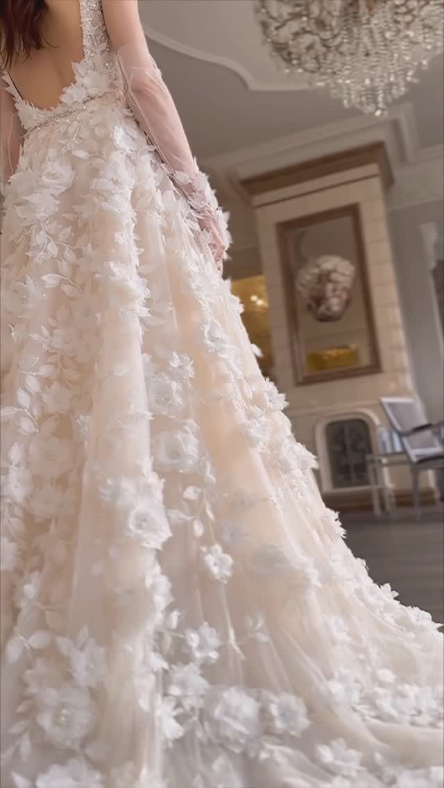 Elegant Princess Wedding Dress Styles in 27 Ideas 15 Cream wedding dress with a full princess silhouette and 3D floral appliqués.