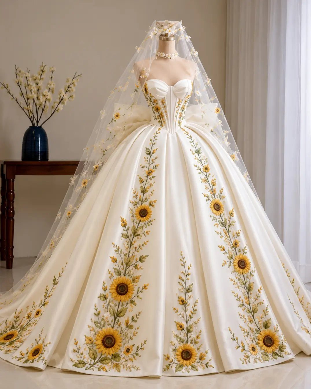 Elegant Princess Wedding Dress Styles in 27 Ideas 24 Cream princess wedding dress with sunflower embroidery and a sheer veil on a mannequin.