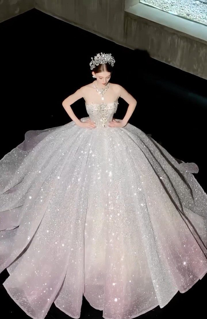 Elegant Princess Wedding Dress Styles in 27 Ideas 14 Woman in a sparkling silver princess wedding dress with a large glittery tulle skirt.