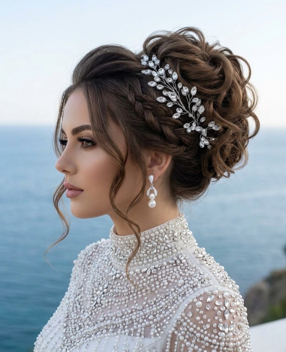 Elegant Princess Wedding Dress Styles in 27 Ideas 16 Woman with an elegant updo wearing a beaded wedding dress with a high neckline.