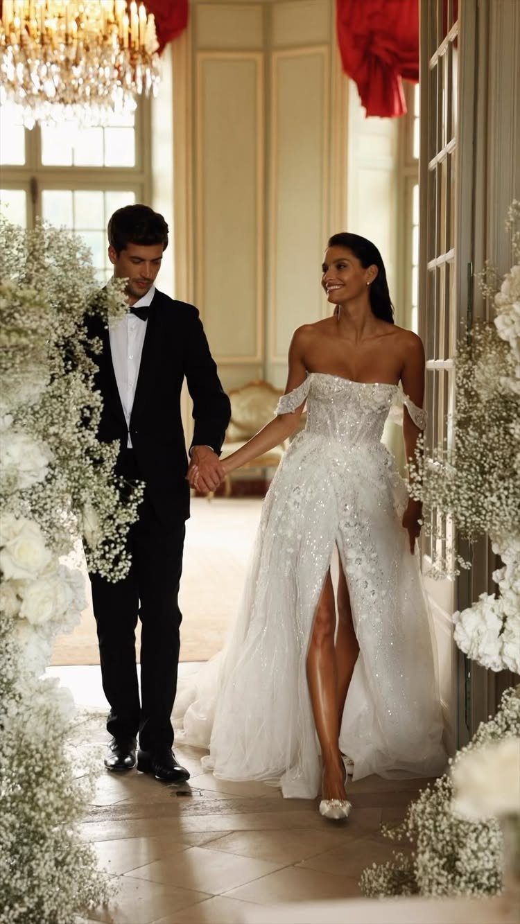 Elegant Princess Wedding Dress Styles in 27 Ideas 13 Bride in a white A-line wedding dress holding hands with a groom in tuxedo.