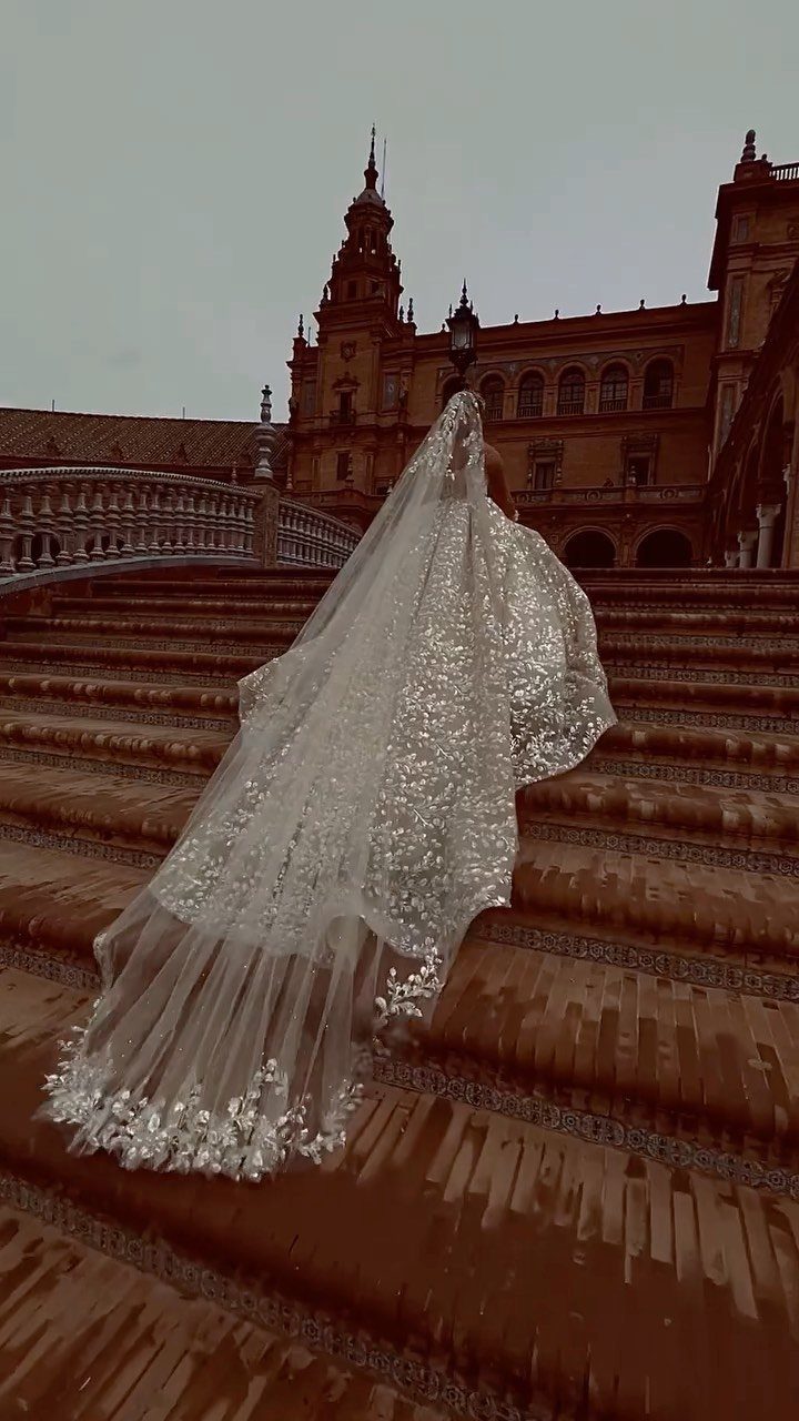 Elegant Princess Wedding Dress Styles in 27 Ideas 28 Long white lace wedding veil flowing down stone steps in front of architecture.