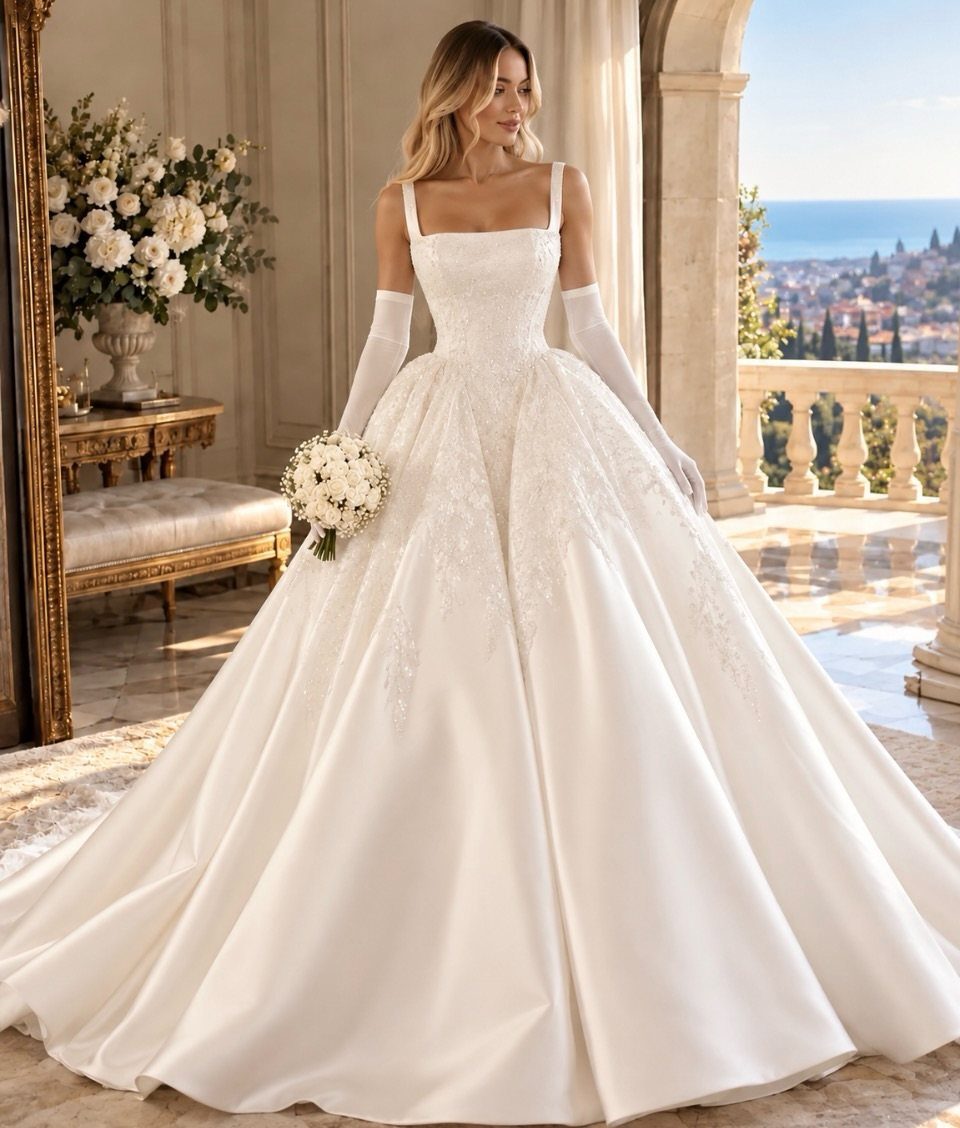 Elegant Princess Wedding Dress Styles in 27 Ideas 11 Woman in a white satin ballgown wedding dress with a square neckline and gloves.