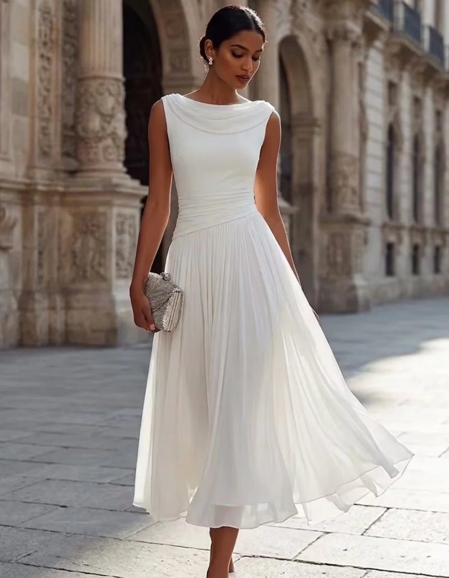 Elegant Princess Wedding Dress Styles in 27 Ideas 21 Woman in a white sleeveless tea-length dress with a pleated skirt and bateau neckline.