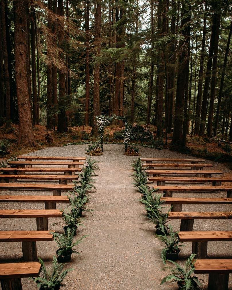 Enchanted Forest Theme Wedding: 12 Ideas for the Ceremony and Reception 6 Wooden log benches arranged in rows along a gravel aisle in a forest.