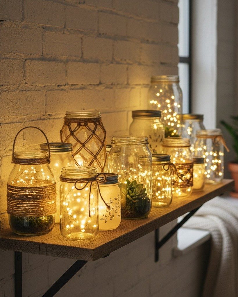 Enchanted Forest Theme Wedding: 12 Ideas for the Ceremony and Reception 7 Mason jars filled with glowing fairy lights arranged on a wooden shelf against a brick wall.