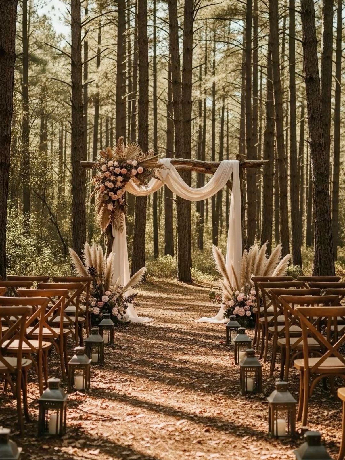 Enchanted Forest Theme Wedding: 12 Ideas for the Ceremony and Reception 3 A wooden wedding arch with white fabric and dried flowers in a pine forest.