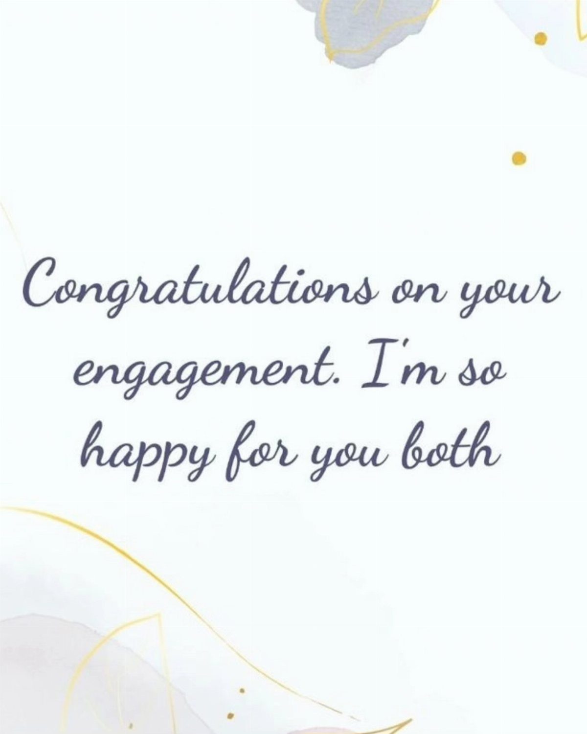 Engagement card with blue cursive text and gold and blue watercolor accents