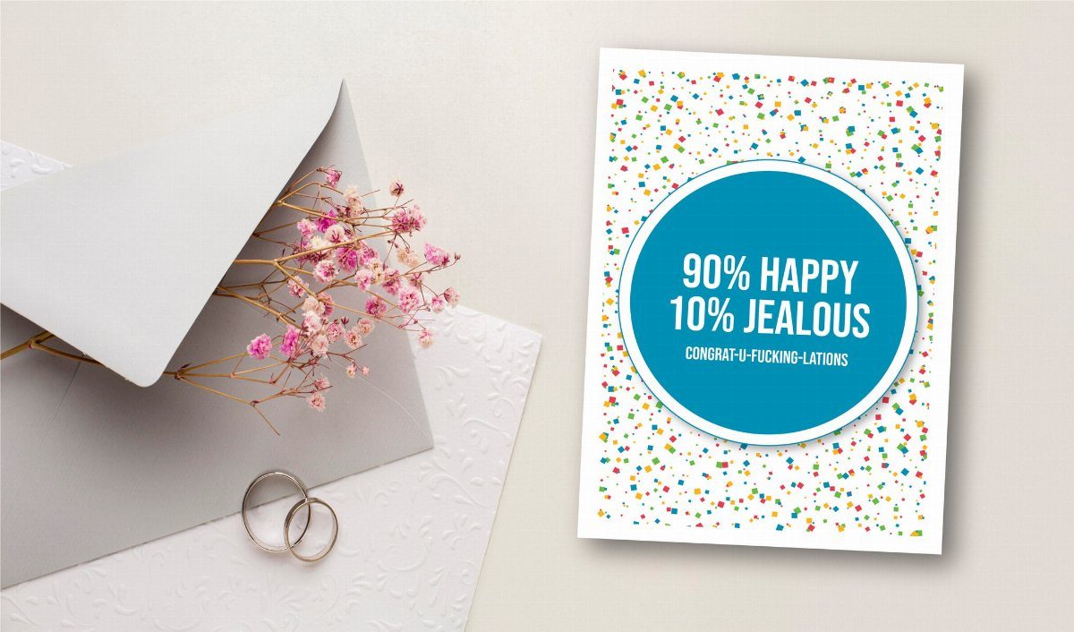 Engagement card with funny text, gold rings, and pink flowers on white background