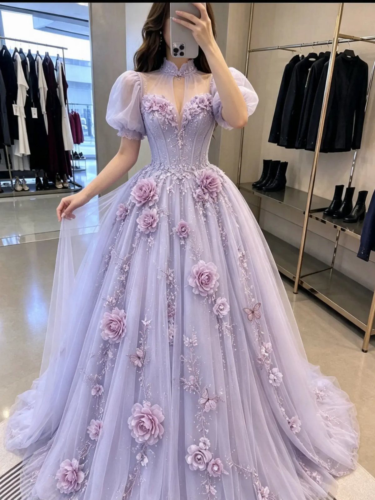 Lavender ball gown with 3D floral appliqués and puff sleeves on a woman.