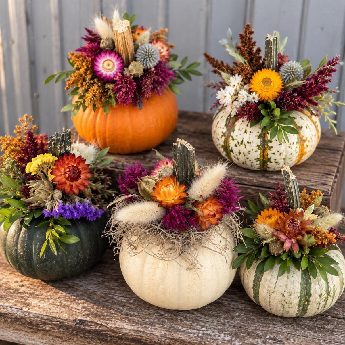 9 Fall Floral Wedding Ideas for Rich Color and Texture 4 Five decorated pumpkins with colorful dried flower arrangements sitting on a rustic wooden table.
