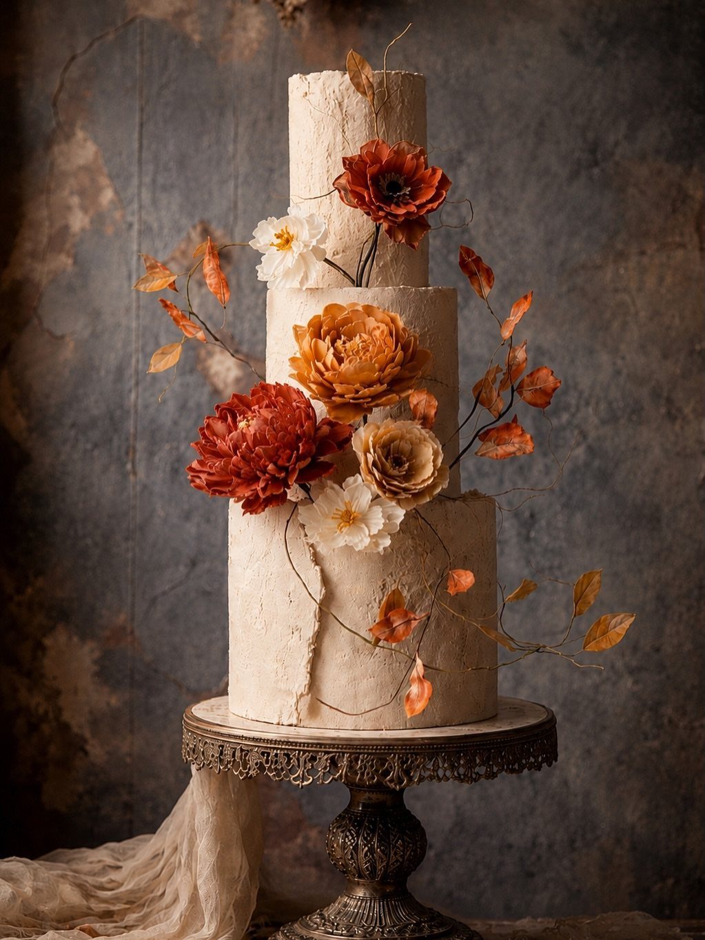 9 Fall Floral Wedding Ideas for Rich Color and Texture 7 A three-tiered white textured cake adorned with large orange and white autumn flowers.