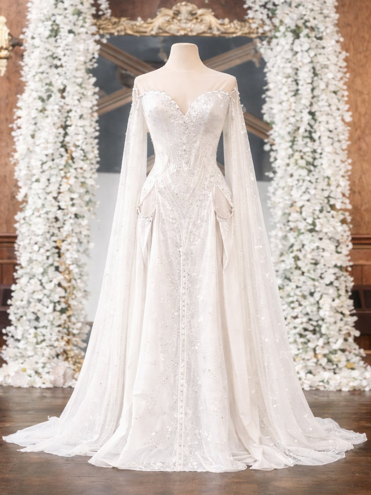 Fantasy Inspired Wedding: 9 Ideas from Forest Photos to Celestial Lace 7 White embroidered wedding gown with long sheer cape sleeves displayed on a mannequin.